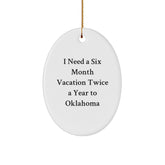 Oklahoma Oval Ornament for Christmas Unique Gifts from Friends to Family in Oklahoma, I Need a Six Month Vacation Twice a Year to Oklahoma - Image 1
